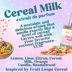 Puede incluir: Una botella de perfume Cereal Milk de Hay Sugar Co. La botella es transparente con una etiqueta blanca que dice "Cereal Milk" en letras rosas y azules. La botella está rodeada de bucles de cereales coloridos. El texto de la etiqueta dice "¡Un aroma nostálgico y delicioso que huele exactamente como un tazón de cereal! ¡Se combina bien con tu fragancia favorita de coco - RIQUÍSIMO! Limón, lima, cítricos, cereal, leche, naranja, vainilla, sándalo. Inspirado en el cereal Fruit Loops. Extraits de Parfum 15 ml."