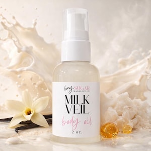 May include: A clear glass bottle of "Milk Veil" body oil with a white pump top, set against a backdrop of a milk splash, vanilla flower, and vanilla beans. The label reads "Hey Sugar Fragrance Co."