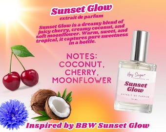 Perfume Sunset Glow - Perfume de cereza y coco, frutal gourmand, perfume para combinar con otras fragancias, fragancia asequible, aroma de verano, fragancia descontinuada