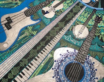 Musicality - Matted Print, Original Wall Art, Home Decor, Ink Drawing, Colorful Artwork, Unique Gifts for Musicians, Christmas Holiday Gifts