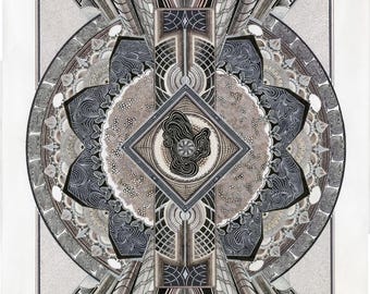 Grey Matters of the Mind - Matted Print, Original Wall Art, Home Decor, Ink Drawing, Black and White Artwork, Unique Gifts, Psychedelic Art