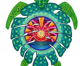 Monstera Turtle - Matted Print, Original Wall Art, Home Decor, Ink Drawing, Colorful Artwork, Unique Gifts for Grads, Dads, and Moms, Bold