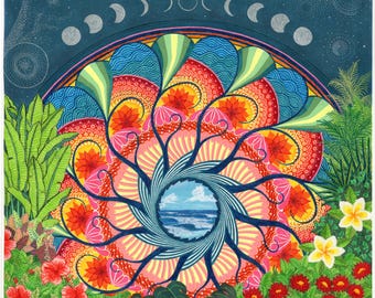 Tidal Waves - Matted Print, Original Wall Art, Home Decor, Ink Drawing, Colorful Artwork, Unique Gifts, Tropical, Beach Art, Psychedelic