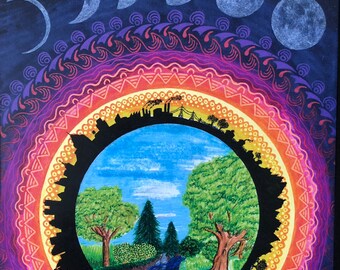 Phases - Matted Print, Original Wall Art, Home Decor, Ink Drawing, Colorful Artwork, Unique Gifts for Grads and Moms, Nature, Moon, Zodiac