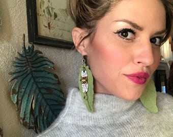 Lime Green Feather Leather Earrings