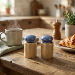 May include: A pair of cylindrical salt and pepper shakers featuring glossy beige bodies and rounded, periwinkle blue lids with small holes. The shakers are positioned side-by-side, showcasing a smooth ceramic finish and a simple, functional design.