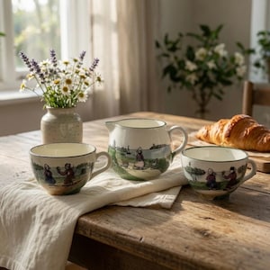 May include: Two ceramic tea cups and a matching creamer pitcher, each featuring a hand-painted scene of figures in a landscape. The off-white pottery has a dark green rim and a glossy finish. A croissant sits on a wooden board nearby.