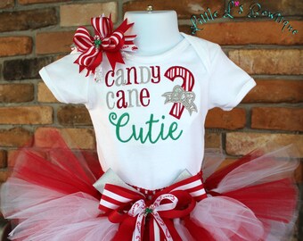 Candy Cane Tutu Outfit: Embroidered Bodysuit, Hair Bow