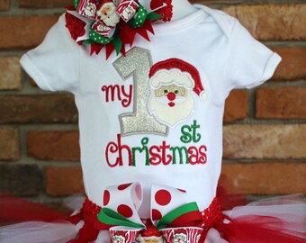 Babys 1st Christmas Outfit,My First Christmas,Santa Claus Outfit,Baby Girls Outfit,Red White Tutu,Babys First Christmas,Holiday Tutu Outfit