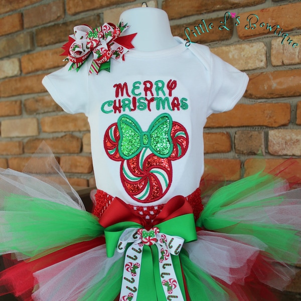 Miss Mouse,Peppermint,Childrens Holiday outfit,Xmas,Christmas,Candy Cane,Toddler outfit,Tutu, Red and Green Tutu, Miss Mouse shirt