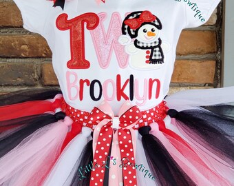 Snowman Birthday Outfit, Embroidered Shirt, Red White Tutu, Hair Bow