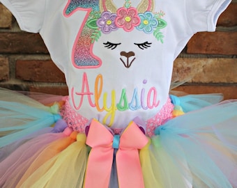 Llama Birthday Outfit, Pastel Llama Birthday Tutu Set,Llama Birthday Shirt,Unicorn Birthday Shirt, Smash Cake, Girls Birthday Tutu Set,Baby