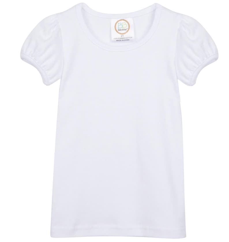 May include: White short-sleeved t-shirt with a round neckline and puffed sleeves. The shirt has a small tag with the text "Baby Bows" and "100% combed cotton made in China".