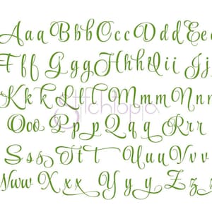 May include: A green alphabet font with cursive letters. The letters are in uppercase and lowercase.