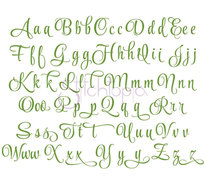 May include: A green alphabet font with cursive letters. The letters are in uppercase and lowercase.