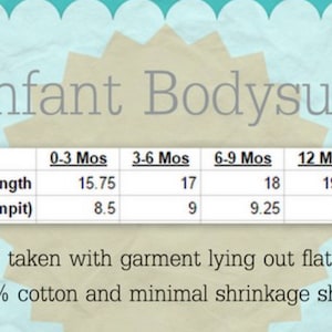 May include: A chart showing infant bodysuit sizes in months and corresponding length and width measurements in inches. The chart shows sizes from 0-3 months to 18 months.