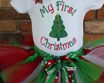 Babys 1st Christmas Outfit,Babys First Christmas Outfit,Baby Girls Outfit,Holiday Tutu,Christmas Tree,Red,Green,White,My First Christmas