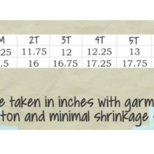May include: Size chart for a garment with measurements in inches for chest width and length. Sizes range from 6M to 12. The chart notes that measurements are taken with the garment lying flat and that the garment is 100% cotton with minimal shrinkage.