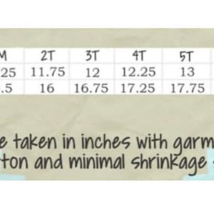 May include: A chart showing the chest width and length measurements in inches for baby clothes sizes 6M to 12. Measurements are taken with the garment lying flat. The garment is 100% cotton and minimal shrinkage should be expected.