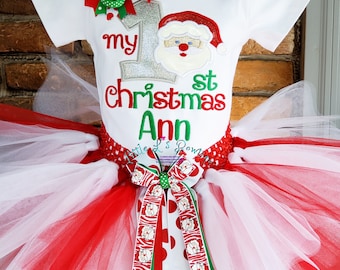 Babys 1st Christmas Outfit,My First Christmas,Santa Claus Outfit,Baby Girls Outfit,Red White Tutu,Babys First Christmas,Holiday Tutu Outfit