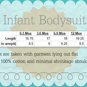 May include: A chart showing infant bodysuit sizes in months and corresponding measurements in inches. The chart includes measurements for length and width (armpit to armpit) for sizes 0-3 months, 3-6 months, 6-9 months, 12 months, and 18 months.