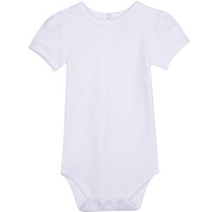 May include: White short-sleeved bodysuit with a round neckline and puffed sleeves.