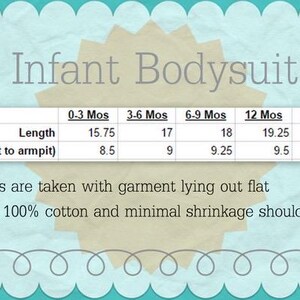 Peut inclure: Un tableau indiquant les tailles de bodies pour b&eacute;b&eacute;s en mois et les mesures correspondantes en pouces. Le tableau comprend les mesures de longueur et de largeur (d'aisselle &agrave; aisselle) pour les tailles 0-3 mois, 3-6 mois, 6-9 mois, 12 mois et 18 mois.