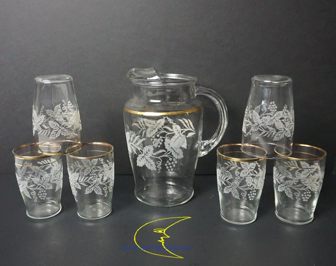 Vintage Glassware Bartlett Collins Set of Six Juices Glasses & Pitcher