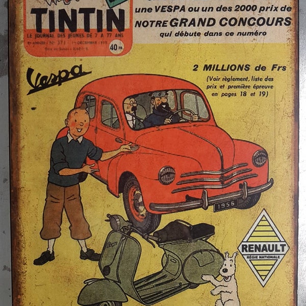 Tintin 4cv and Vespa vintage metal plate