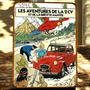 Tim und Struppi 2CV rotes Vintage-Metallschild