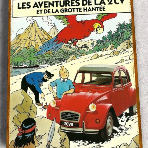 Plaque métal vintage Tintin 2CV rouge