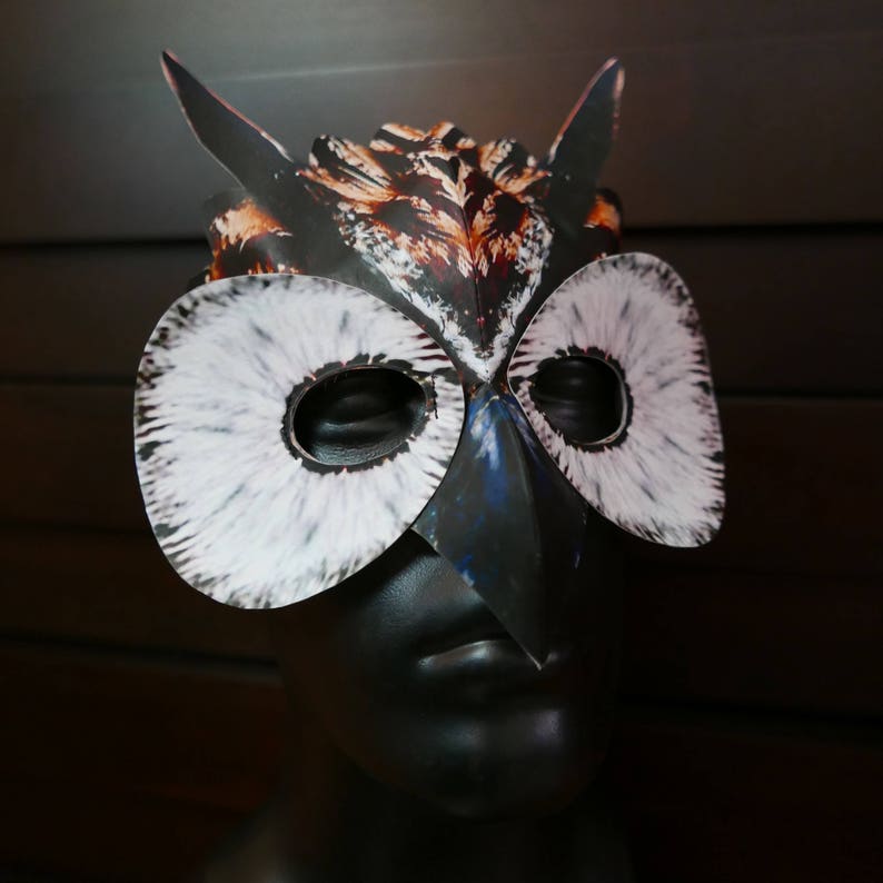 May include: A brown and white owl mask with large, white eyes and a black beak. The mask is made of paper and has a realistic design.