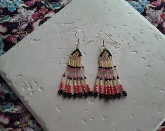Dangle earrings handmade seed bead of coral, pink and cream edged in black