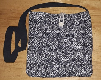 Quilted cotton white paisley print on navy blue shoulder bag