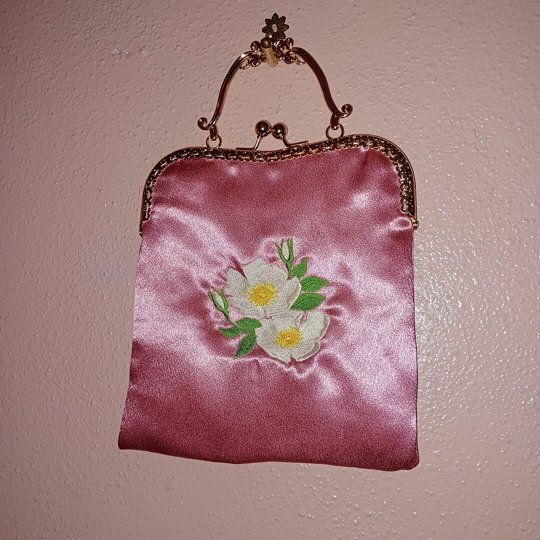 Satin Evening Bag With Cream Flowers Etsy