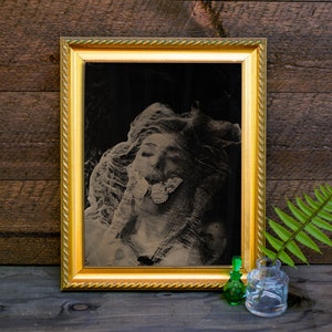 May include: A framed black and white photograph of a woman's face with a butterfly on her cheek. The frame is gold with a rope design.