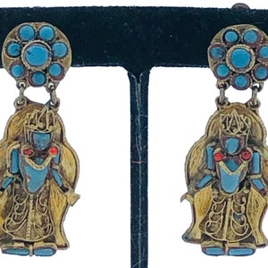Artesian Nepal Hand Crafted Brass Turquoise Coral King Buddha Clip Earrings