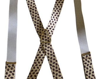 Elastic Suspenders Adjustable Brass Clip Cream PAISLEY Print West Germany