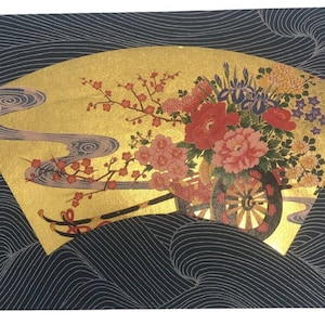 Greeting Card Ephemera Japanese Mounted Print Fan Flowers Victoria Blank Gakken