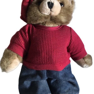 May include: A brown teddy bear wearing a red sweater, blue jeans, and a red beret.