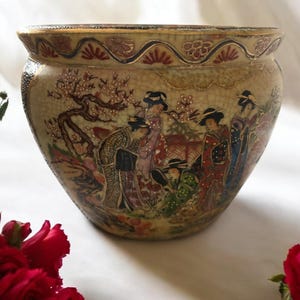 Satsuma Hand Painted Porcelain Planter Fish Bowl Geisha Girl Koi 5” X 6.5”