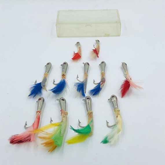 Lot of 11 Vintage Tuna Feather Jigs Red Green Blue Yellow Feathers Jewel  Eye 