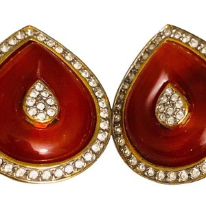 Kenneth Lane KJL Amber Lucite Rhinestone Teardrop Gold Tone Clip Earrings VTG