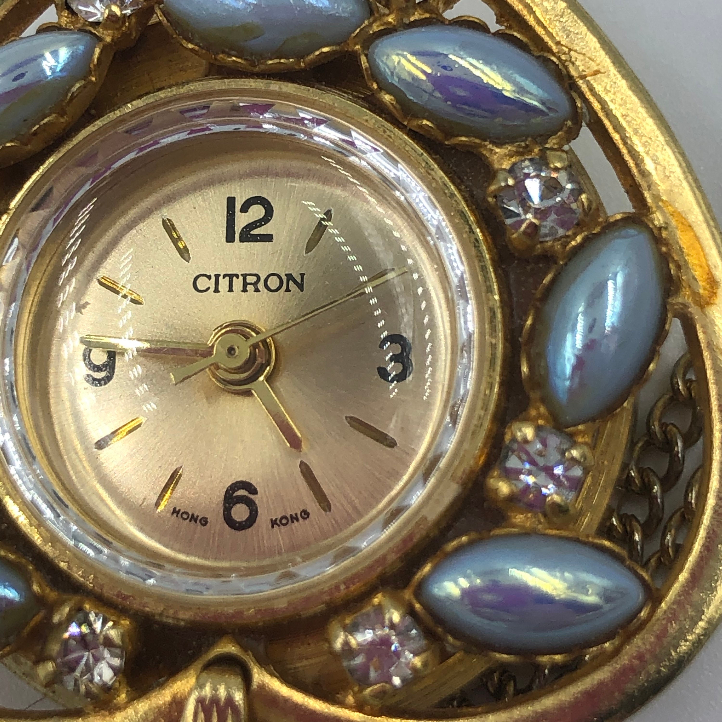 Citron Pendant Necklace Watch Clock Gold Tone Beaded Heart Etsy