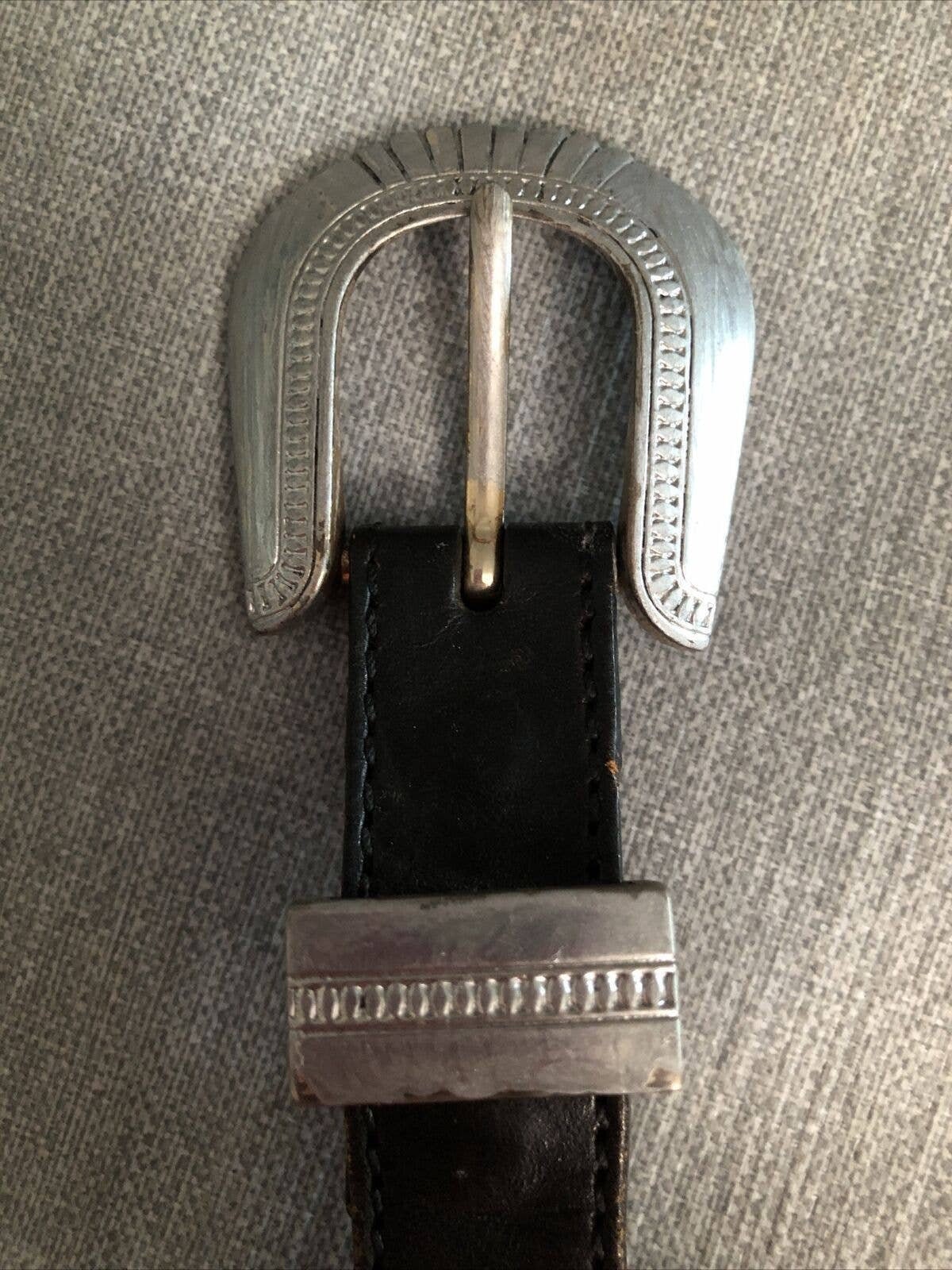 L.L. Bean Beaded Black Leather Belt With Silver Tone Buckle  display picture 2