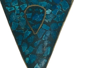 Vintage Blue Turquoise Mosaic Brass Inlay Brooch with C-Clasp Triangle Shape