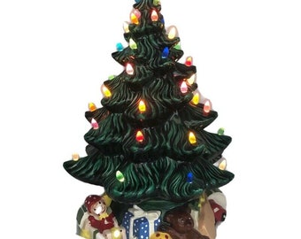 Vintage 2Pc 13” Lighted Ceramic Christmas Tree Tabletop Holiday Decoration Works