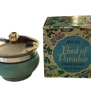 Vtg 1970s Avon Bird of Paradise Cream Sachet .66 oz Glass Jar Decanter w Box NOS