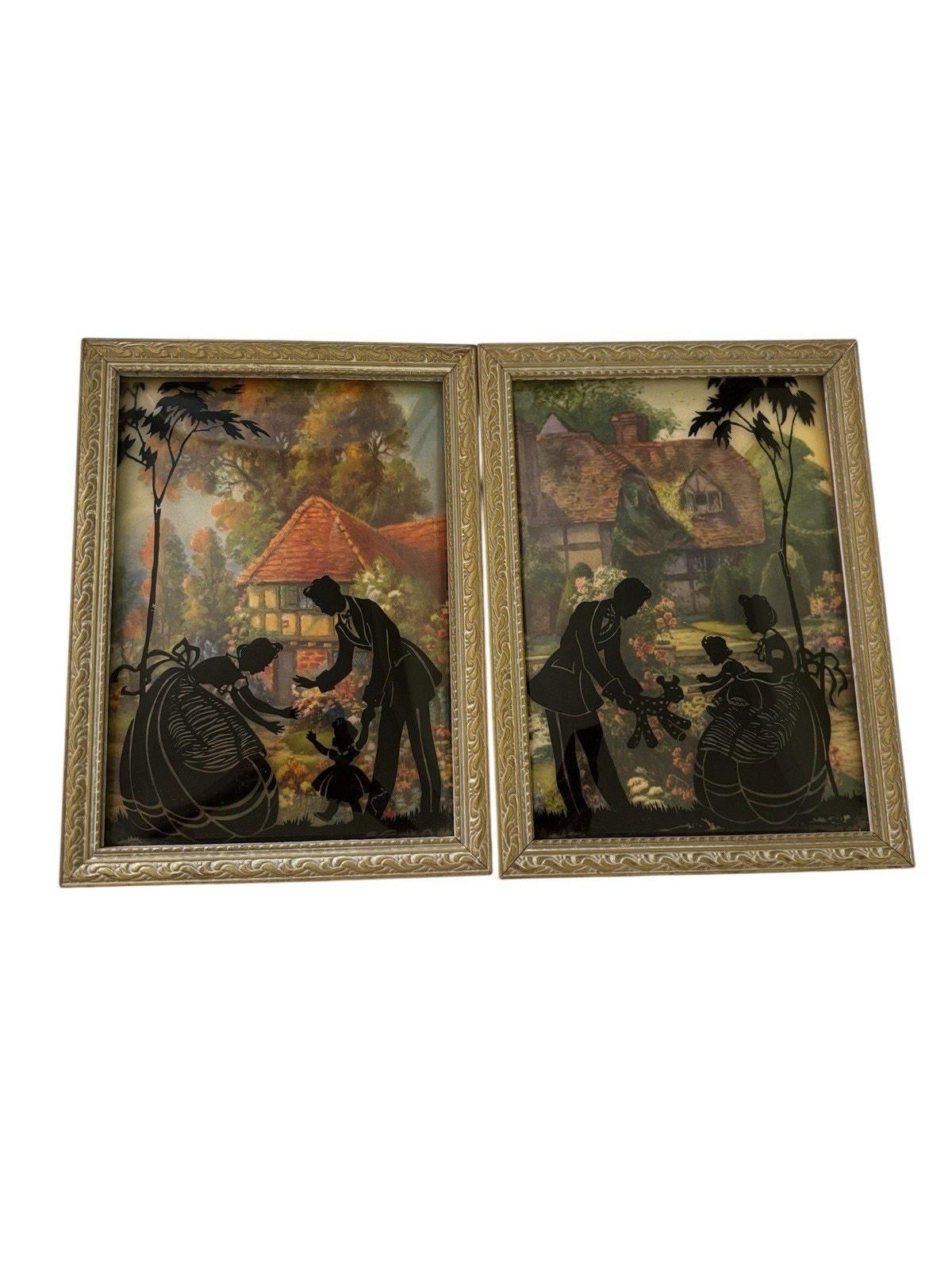 Set of 2 Pictures Reverse Painted Convex Bubble Glass Silhouette 5x6 Vintage