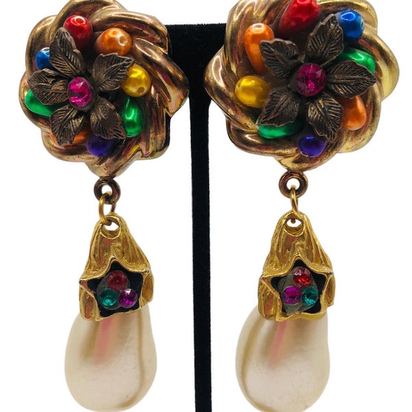 Jackie De G France Signed Statement Multicolored Pearl Dangle Earrings